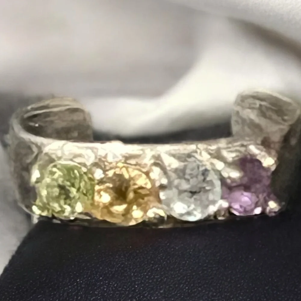 Vintage Sterling Silver Adjustable Rainbow Gemstone Ring Women's Jewelry